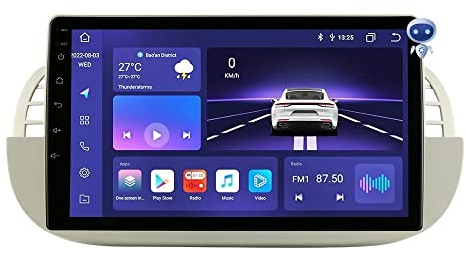 Hizpo 9 Android 13 pollici Touchscreen Car Radio compatibile con FIAT 500 2007-2014 con Carplay/Android Auto 8-Core UPC 4 + 32GB Dab Car Radio Adattatore WiFi 4G Mirror Link (bianco)