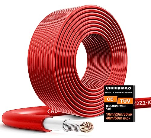 Oududianzi Solar Cable 6mm2 30m, Cable Placa 10/15/20/25/30/50m, Solar Cable de Extensión para Panel Solar, Cable Fotovoltaico, Cable de Extensión Solar Para Paneles Solares Sistemas (30m Rojo)