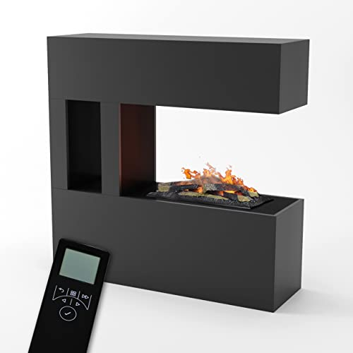 GLOW FIRE Wasserdampf Kamin Schiller Pocket (Standkamin) - Elektrokamin mit realistischen LED 3D-Flammen, Knistereffekt & Fernbedienung, 120x120 cm - Opti-Myst 600 Elektro Kamin mit Holz-Deko, Grau