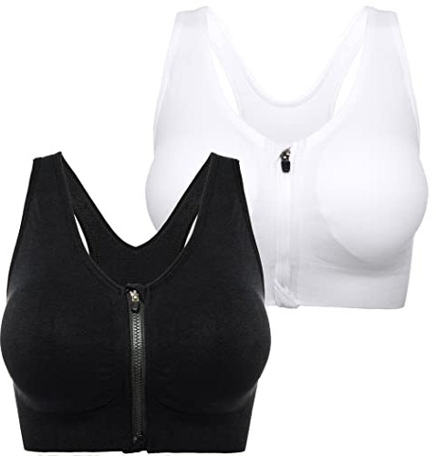 FLORATA Women's Zip Front Sports Bra - Seamless Wirefree Post Surgery Bra Racerback Workout Gym Yoga Bras with Removable Pads, Black+White, L