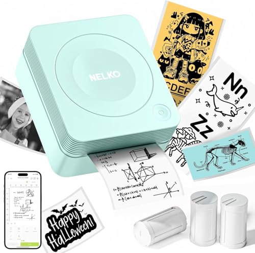 Nelko Aufkleber Drucker, PM230 Mini Drucker Bluetooth Portabel Sticker Maker mit 3 Rollen Papier, für DIY Erstellung, Studiennotizen, Bilder, Quittungen, Mehrere Vorlagen für Telefon （Grün）