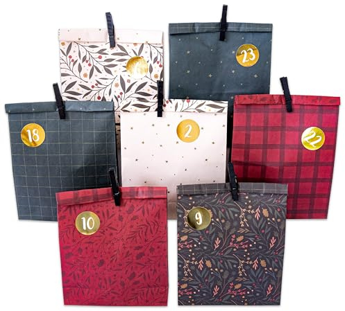 Papierdrachen Adventskalender 2025 Cozy Pattern - bedruckte Tüten - Papiertüten - nachhaltig - mit Klammern und goldenen Zahlen Stickern - zum selbst Befüllen - Set 02