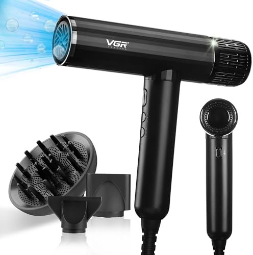 VGR Professional Hair Dryer - High Speed Powerful Brushless 11000 RPM - Fast Dry Negative Ionic - Lightweight Blow Hairdryer with Diffuser for Curly Hair and Nozzle - Quiet Low Noise