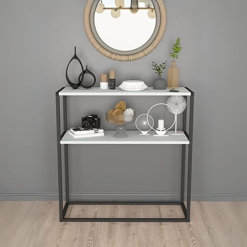 URBNLIVING Slim 90cm Console Table with 2 Open Shelves - Modern Wooden Top Free Standing Entryway Table with Metal Frame Legs Sofa Table for Small Spaces Hallway, Entryway, Living Room, Home Décor