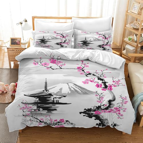 CXYXHW Set di Biancheria da Letto Sakura, Set Copripiumino Giapponese in Stile Pittura a Inchiostro, Set 3 Pezzi in Microfibra per Bambini, Copripiumini con 2 Federe (Ciliegio 4, 200 x 200 cm)