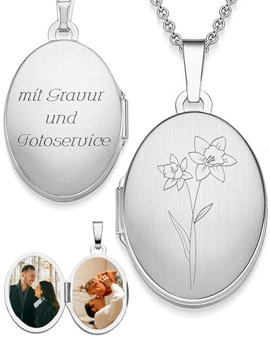 Amoonìc Damen Medaillon mit Geburtsblume oval Silber 925 / Gold vergoldet | Kette zum Öffnen für Bilder personalisiert mit Geburtsblumen Gravur, Geschenk Geburtstag