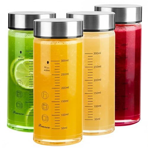 Lot de 4 bouteilles d'eau en verre de 355 ml avec couvercles – Réutilisables, sans BPA, couvercles en acier inoxydable, mélangeur, shaker – Pour jus, protéines, smoothie, lait, 400 ml