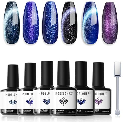 Modelones Cat Eye UV Gel Nagellack Magnet 6 Farbe Gel Nagellack Nail Polish Manicure Soak Off UV Nägel Gellack für Nail Art - Chamäleon Blau Schwarz Lila