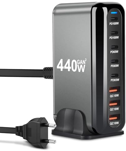 ARCELI USB C Ladegerät 440W 8-Port, GaN III Ladestation, USB c Charger mit 5 x USB-C PD + 3 x USB-A QC4.0, Schnellladegerät für Phone 16/15/14 Pro Max, Samsung Galaxy, MacBook, Pad, Laptop