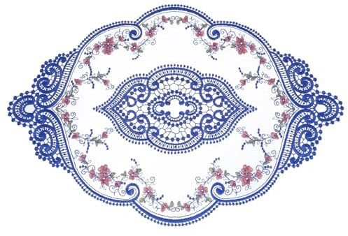 QUARKZMAN Retro Napperon Dentelle 12x17-pouce Ovale Brodé Napperons de Table Dentelle Française Crochet Dessous de Verre pour Maison Mariage, Bleu Foncé