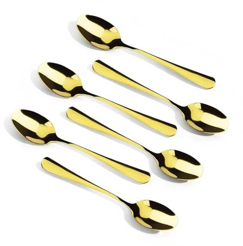 Q&A 6 Piezas Cucharas de café de acero inoxidable de 10,4 cm, cucharillas pequeñas y cucharillas pequeñas, Oro