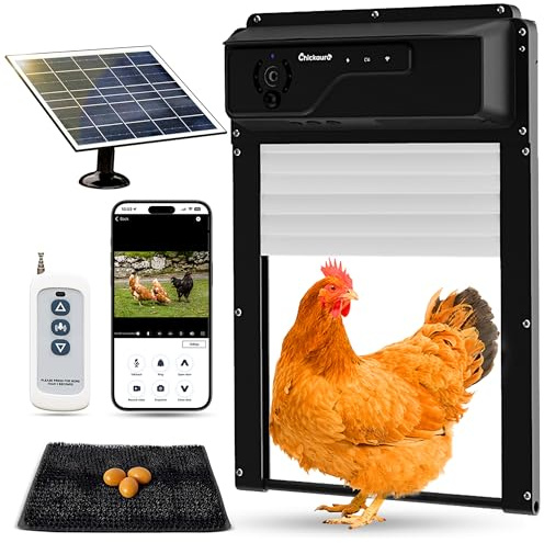 Chickaura Automatic Chicken Coop Door Solar Powered with Nesting Pad - Waterproof Chicken Door with Timer, HD Camera, Anti-Pinch Protection, Mobile App & Remote Control, Alarm System, Mic & Speaker