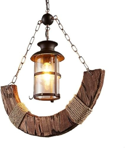 TEKHOME Lampadario a sospensione in legno e corda di canapa con lanterna stile country rustico