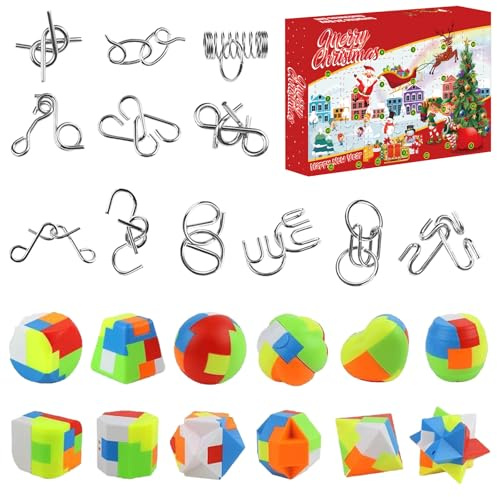 2025 Advent Calendar 24-Piece Luban Lock Puzzles & Musical Fidget Toys | Blind Box Christmas Countdown Gifts for Teens (35x20x5.2cm)