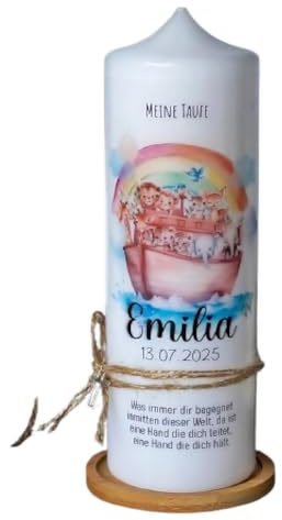 Taufkerze Boot Emilia - für Jungen und Mädchen, Personalisiert mit Name, Datum und Taufspruch | Kerze Arche Noah - Regenbogen