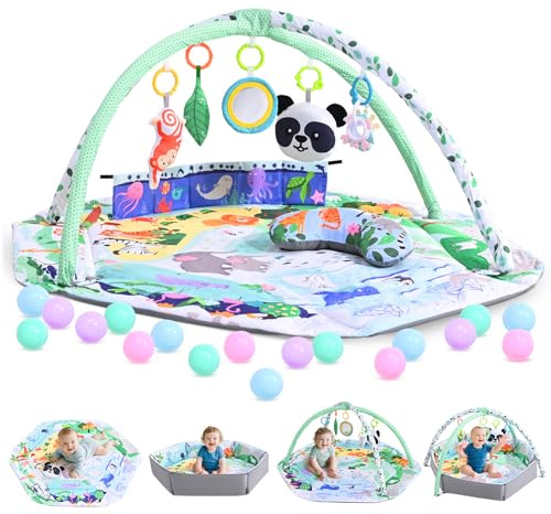 Arco de juego plegable para bebé con zonas de desarrollo, juguete sensorial interactivo de madera, manta para gatear para bebés para la motricidad y el desarrollo sensorial, esencial para 0 – 18 meses