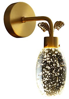 Aplique de Pared LED con Pantalla de Cristal de Burbujas, lámpara Decorativa Moderna, iluminación de Acento con Detalle de Hojas, Acabado Dorado Cepillado para Dormitorio, mesita de noc