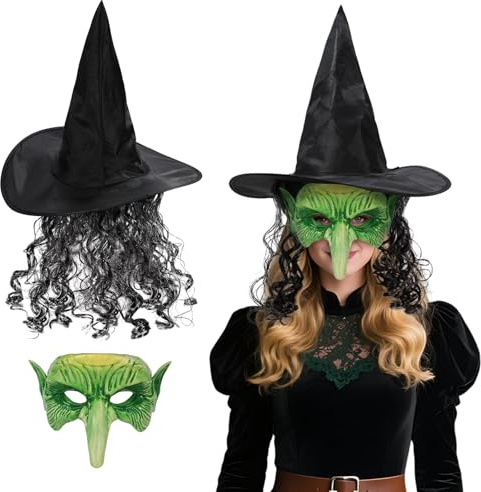 Joyincoser Gruselige Hexenmaske mit Hut und Perücke Realistische grüne Koboldmaske für Damen als Horror-Kostüm für Party und Cosplay