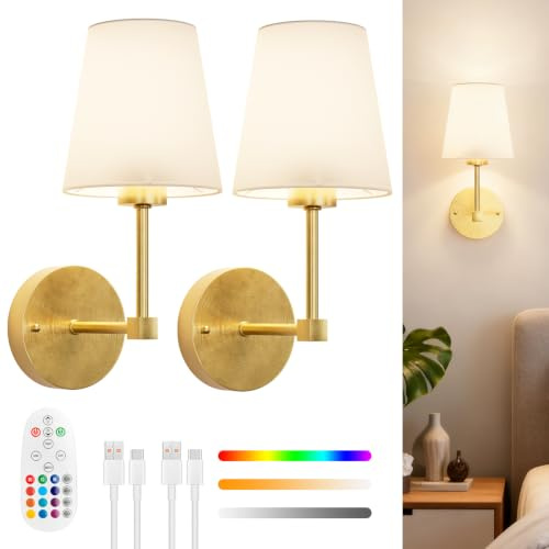 LGMCF Battery Operated Wall Lights Set of 2, 6000mAh Rechargeable Wall Light with Remote, 3 Color Temperature & 12 RGB Dimmable Wireless Wall Lights for Bedroom, Living Room, Hallway