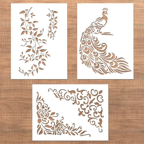 Cheynn 3 Stück Große Schablonen Malen, 21x30 cm Art Rankenblätter Schablone PET Wiederverwendbare Pfau Schablonen Wandschablone für Textilgestaltung Wandgestaltung Wohnkultur Möbel Holz Basteln