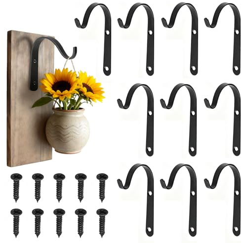Nirvazleen Heavy Duty Hanging Basket Brackets - 10 PCS Metal Outdoor Plant Holder Hooks for Wall, Fence, Deck Rail. Perfect for Flower Baskets, Bird Feeders, Wind Chimes & Outdoor Decor