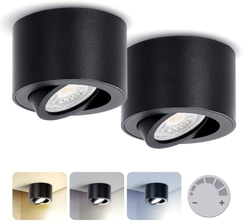 ENVILAR 2er Pack LED Aufbauspots Schwarz, dimmbar, CCT, 230V, Ø80xH50mm | Dimmbar mit CCT 3000K, 4000K & 6500K. Inkl. Leuchtmittel, flache Bauform und ideal für moderne Deckenbeleuchtung.