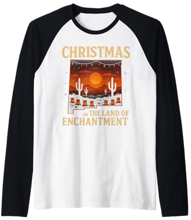 NM Land of Enchantment Chemise de Noël Cactus Coucher de Soleil Manche Raglan
