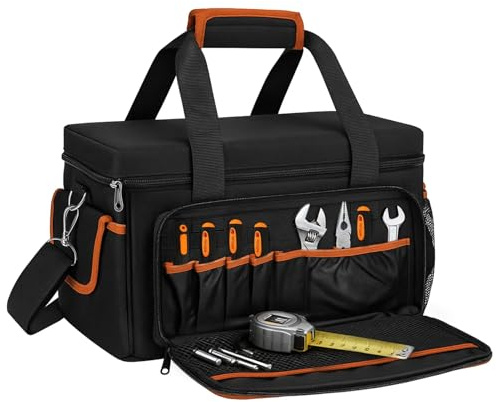 SUNNYNEST Tool Bag Heavy Duty, 30L Wide-Open Mouth Electrician Tool Bag, 600D Oxford Waterproof Multi-Pocket Tools Organiser with Adjustable Shoulder Strap & DIY Partition Insert