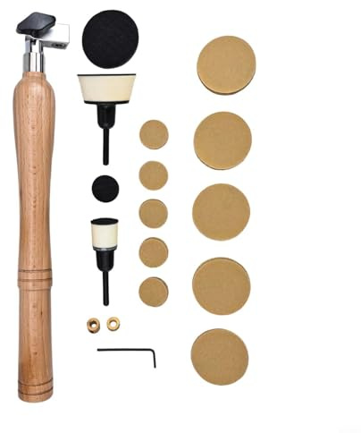 Kit per levigatrice a ciotola, 55 pezzi, con platorello da 3,5 e 5,1 cm, dischi abrasivi per legno, mandrino in schiuma e manico in legno duro