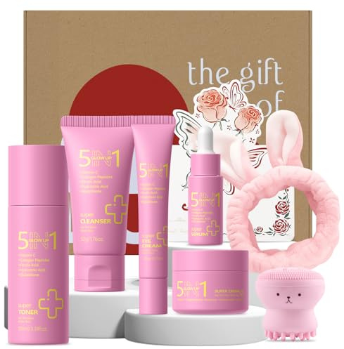 5 IN 1 Glow Up Skincare Set, 7 Stück Gesichtspflege Set Junge Frauen, Mit Vitamin C, Hyaluronsäure & Kollagen | Hautpflege Set für Teenager Mädchen inkl. Reinigungsbürste & Haarband