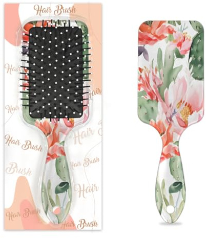 Watercolor Cactus Flower Hair Brush, Detangling Hair Brush for Thick, Curly Hair, Air Cushion Massage Comb, Premium Ladies Gift for All Hair Types