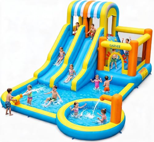 Bouncy Castle with Water Slide, 8 in 1 Inflatable Water Park, Large Paddling Pool with Slide, Splash Pool, Water Cannon, Kids Inflatable Bounce House with Blower Storage Bag, 483×381×242 CM