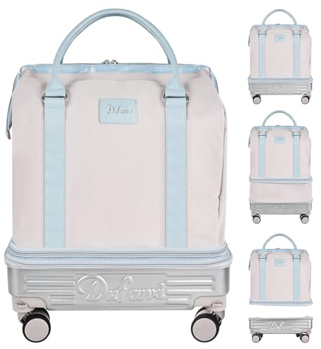 Hivexagon Foldable Rolling Carry On Travel Duffel Bag with Removable Spinner Wheels, Expandable Large Capacity Travel Bag, Lightweight Waterproof Perfect for Travel, Shopping - Beige