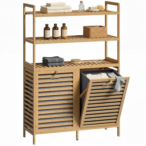 HOMCOM Badschrank mit Wäschekorb 2 Fächer je 38,7 L Eiche 80 x 30 x 118 cm