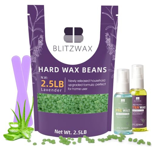 BLITZWAX 2.5lbs Hard Wax Beads for Hair Removal Aloe Vera Waxing Beans for Sensitive Skin, Face, Eyebrows, Brazilian, Legs and Bikini - with 2 Silicone Sticks, Pre Wax Cleanser and After Wax Oil
