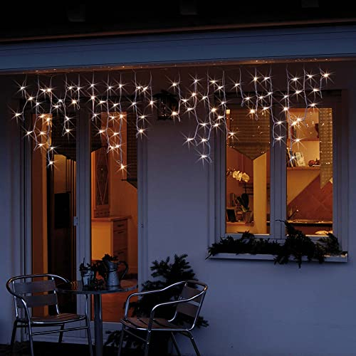 hellum LED Lichterkette Vorhang Außen, verlängerbar Lichtervorhang mit Steckdose, Verlängerung-Set mit 3m Netzkabel, 1,9 * 0,6m 80 LEDs, Kabel weiß Weihnachtsbeleuchtung für Garten, Party 555332