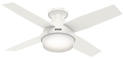 Hunter 44 inch Indoor Ceiling Fan with LED Light and Remote Control - White Modern Ceiling Fan, Low Profile Mount, 4 Blades, For Bedroom, Living Room, or Kitchen, Quiet - Dempsey 59244, Fresh White