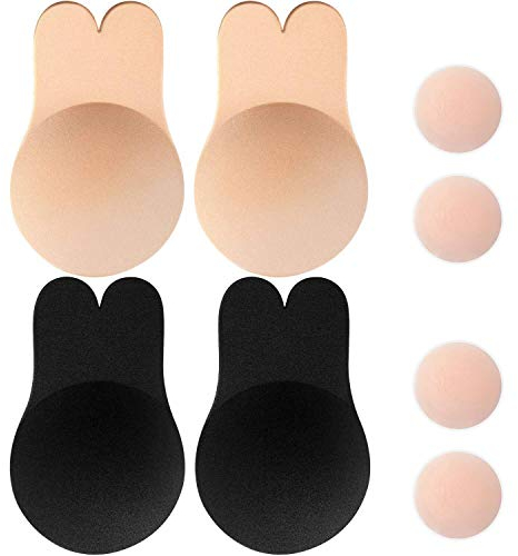 Memoryee Reggiseno Coniglio Invisibile in Silicone Adesivo Push Donna Riutilizzabile Coppa del Reggiseno rialzata Copertura del capezzolo/Beige+Black-2Pair/M(A/B Cup)