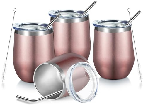 COMOOO Rose Gold Wine Tumbler 12oz Insulated Wine Cup 4 Pack with Lid and Straw Stainless Steel Wine Glass Tumbler Coffee, Wine, Champagne, Cocktails, Rose Gold