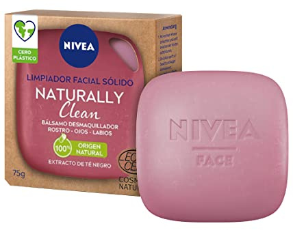 NIVEA Naturally Clean Massiver Gesichtsreiniger Make-up-Entferner (1 x 75 g), Gesichts-Make-up-Balsam 99% natürlichen Ursprungs, Reinigungs-Tablette mit Schwarztee-Extrakt
