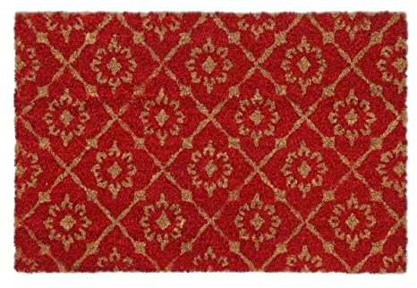 Relaxdays Fußmatte Kokos, florales Muster, 40 x 60 cm, rutschfest, wetterfest, Fußabtreter für innen & außen, rot/Natur