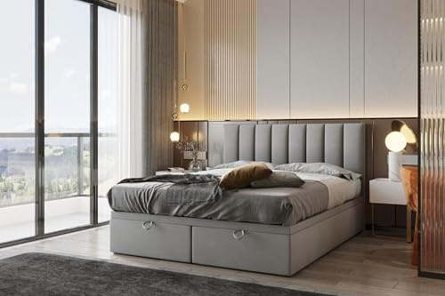 TRADA Boxspringbett Bond 140x200 cm, mit Matratze und Bettkasten, Grau | Boxspringbett mit gestepptes Kopfteil, Double Bed fur Schlafzimmer