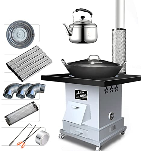 Campingkocher, Edelstahl-Holzofen mit Wok und 7-Liter-Wasserkocher und Zubehör, abnehmbare Rollen for Kochen und Heizen im Innen- und Außenbereich (Size : L60*W60*H61CM)
