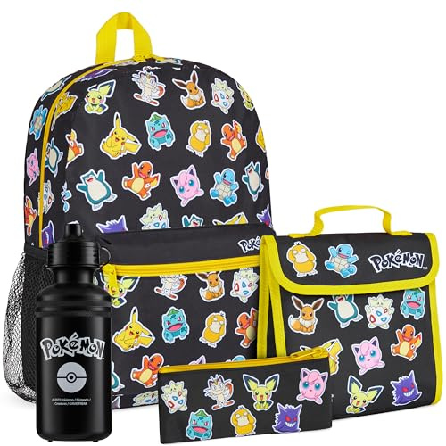Pokemon Barnryggsäck 4-delat uppsättning skolmaterial Ryggsäck isolerad matlåda Barn pennfodral BPA-fri 500 ml vattenflaska Pikachu tillbaka till skolan presenter för pojkar (svart/multi)