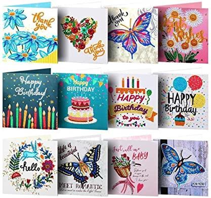 F4B Set di 12 Biglietti d’Auguri Diamond Painting (1) 15x15cm | Pietre Tonde | Con Buste | Biglietti di Compleanno | Set di Cartoline | Cards | Buon Compleanno | Bambini | Kit per Adulti e Bambini