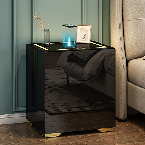 Jehiatek Smart Bedside Table with Wireless Charging, Bedside Cabinet with 2 USB Ports and Led Light (Touch-Control), Nightstand with 3 Drawers for Bedroom, 41 x 48.5 x 55CM, Black