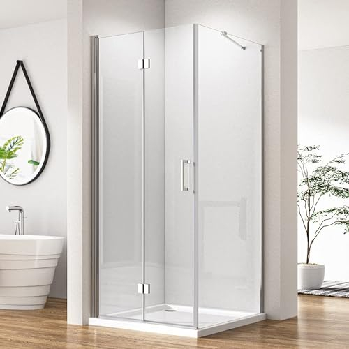 Eckeinstieg Duschkabine Falttür mit Seitenwand 90x80x195cm Duschabtrennung Faltbar mit festem Seitenteil, Faltbare Komplettdusche mit 6mm Nano ESG-Sicherheitsglas Duschwand Glas Leichte Reinigung