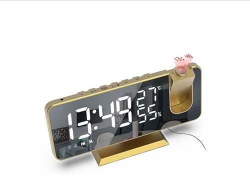 SPORTARC Projektionswecker, 19,1 cm LED-Spiegelwecker, Nachttisch mit FM-Radio-Digitaluhr, 180°-Projektor, Temperatur- und Luftfeuchtigkeitsanzeige, 12/24h, Dual-Alarm
