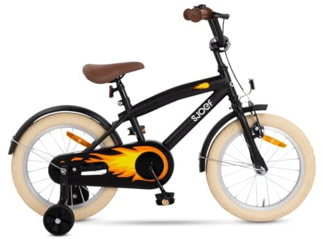 SJOEF Cruise Kinderfahrrad 16 Zoll | Ab 4-6 Jahren | einfache Montage (95% vormontiert) | Kinder Fahrrad für Jungen/Jugend | Kleidergröße von 103 bis 118 cm | inklusive Stützräder - Matt Schwarz