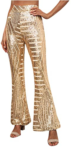 EMATOP Damen Glitzer Pailletten Hose Elegant Lang Sommerhose Boho Strandhose Hoch Taillierte Schlaghose Dehnbar Lässige Leggings Neuartiger Druck Hippie Hosen Teenager Mädchen Streetwear
